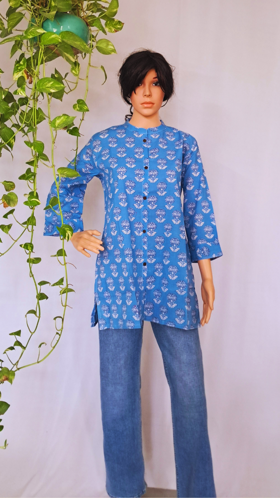 Sky Blue Floral Short Kurti