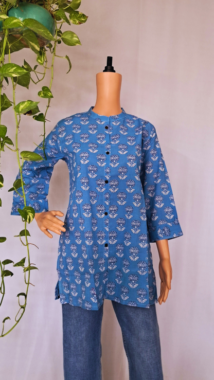 Sky Blue Floral Short Kurti