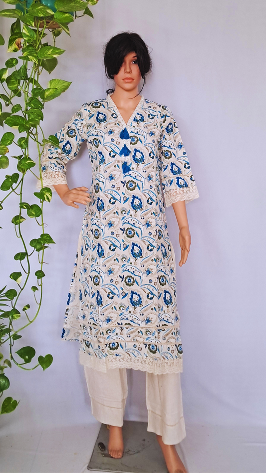 Floral Blue Cotton Kurta Pants Set