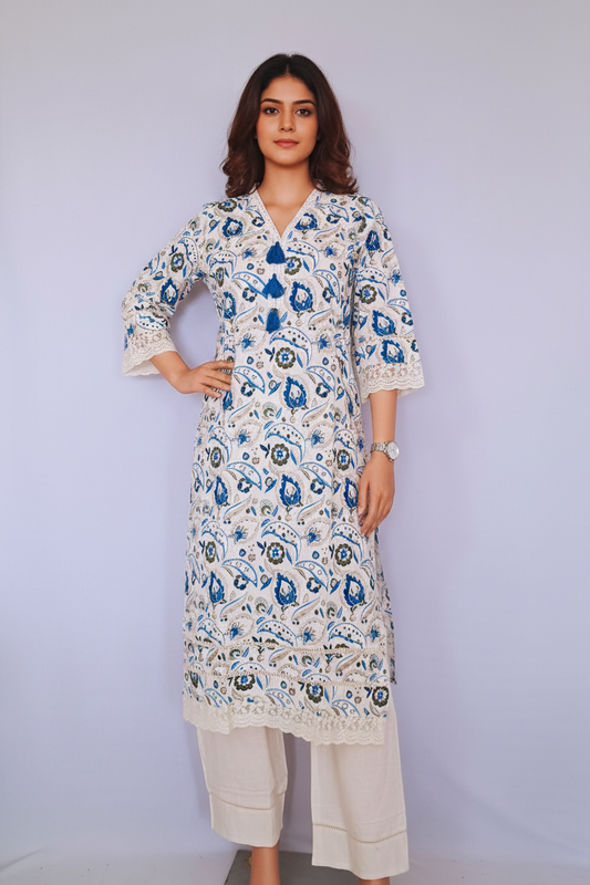 Floral Blue Cotton Kurta Pants Set