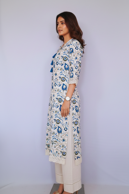 Floral Blue Cotton Kurta Pants Set