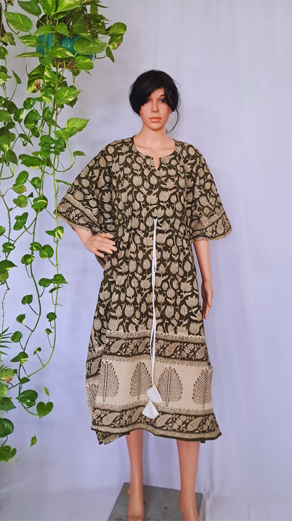Green Block Printed Kaftan Dress
