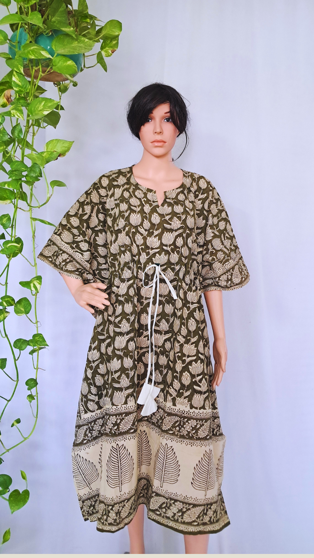 Green Block Printed Kaftan Dress