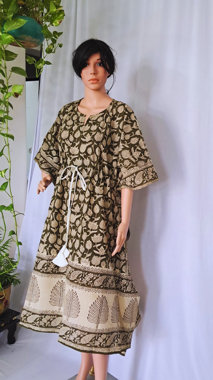 Green Block Printed Kaftan Dress