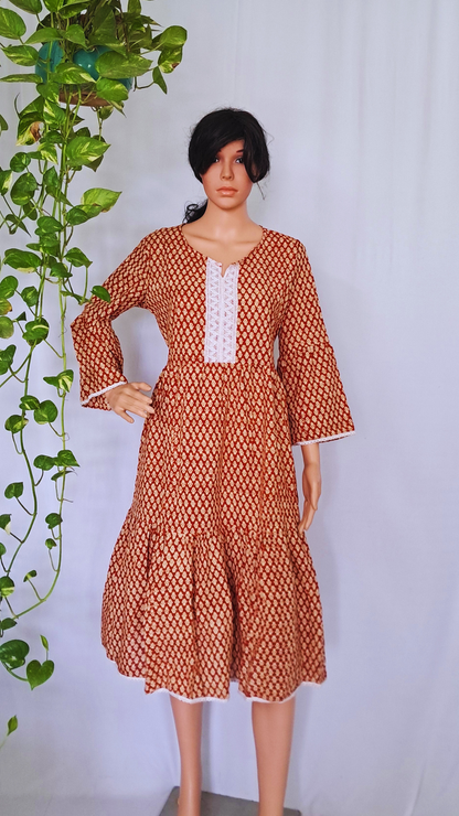 Maroon Block Print Cotton Dress for Women