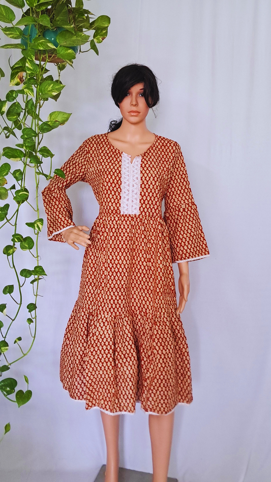 Maroon Block Print Cotton Dress for Women