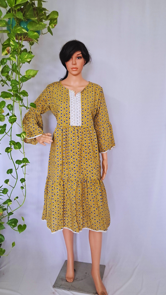 Yellow Block Print Cotton Dress for Women
