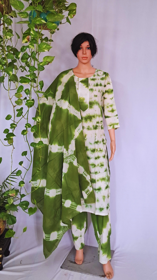 Green Premium Cotton Kurta Pant & Dupatta Set