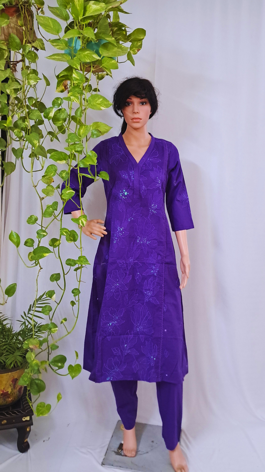 Purple Cotton Kurta, Pants &  Dupatta sets