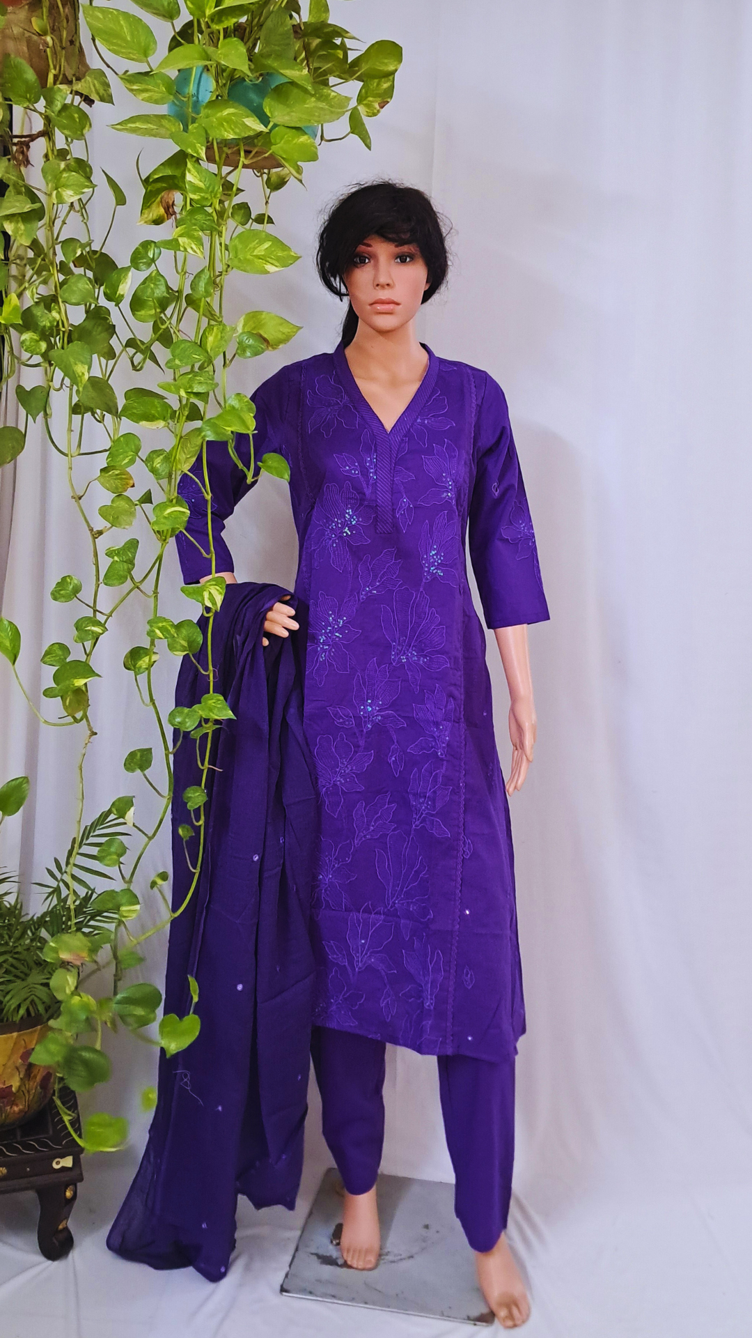Purple Cotton Kurta, Pants &  Dupatta sets