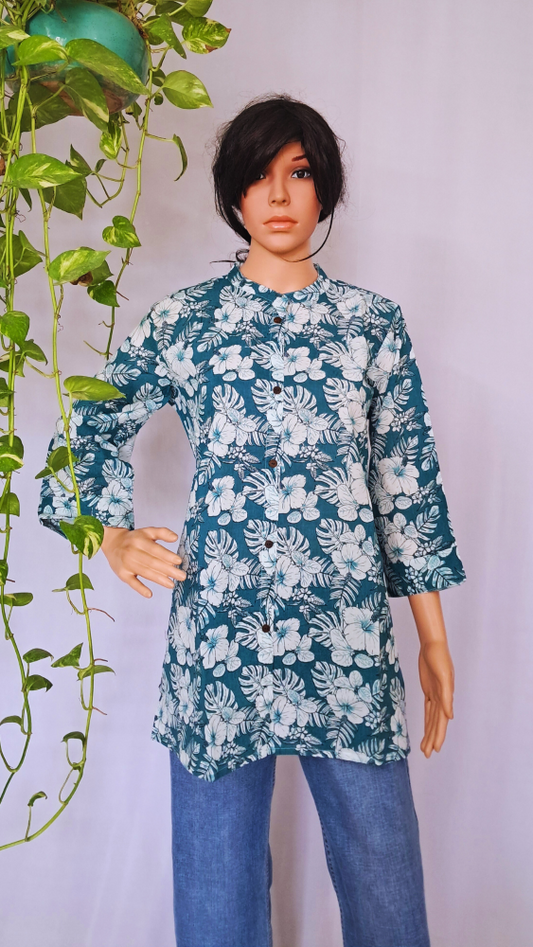 Rama Green Floral Short Kurti
