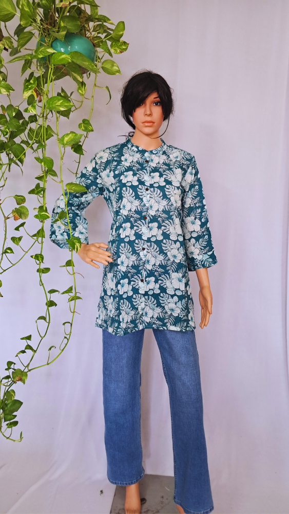 Rama Green Floral Short Kurti