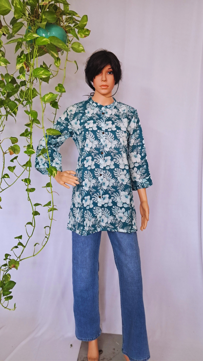 Rama Green Floral Short Kurti