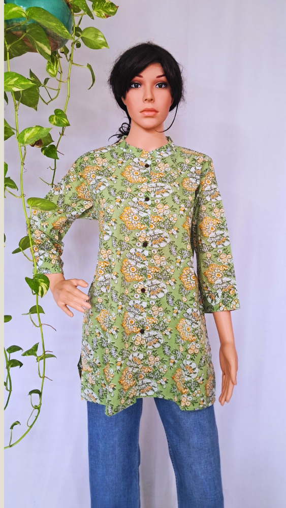 Green Floral Print Short Kurti