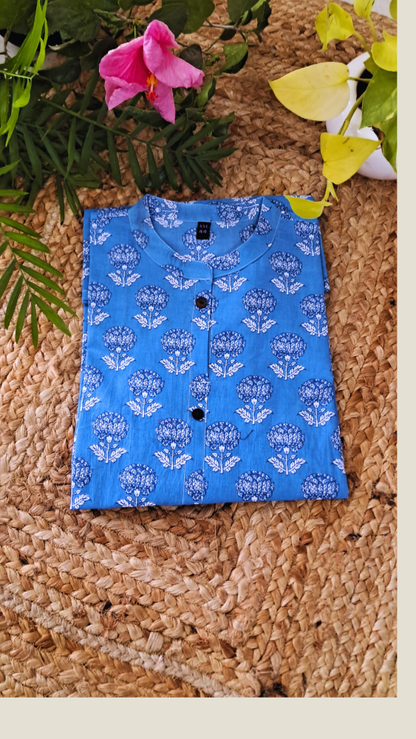 Sky Blue Floral Short Kurti