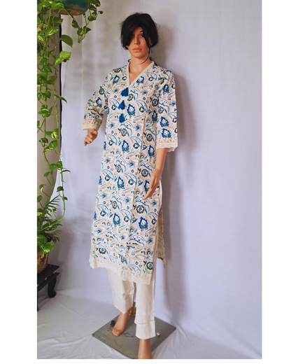 Floral Blue Cotton Kurta Pants Set