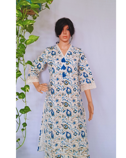 Floral Blue Cotton Kurta Pants Set