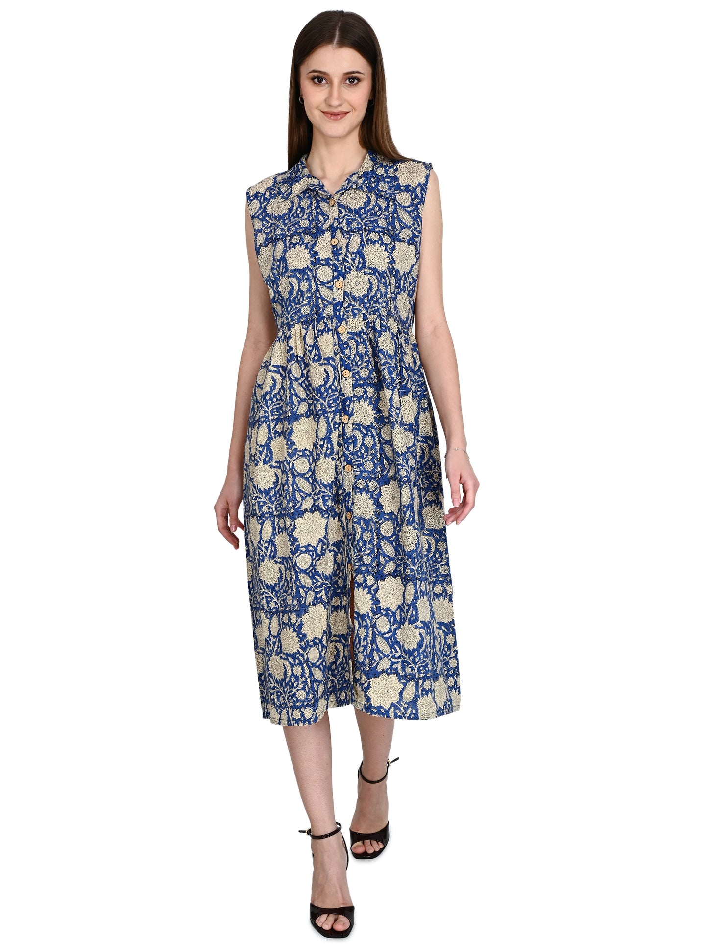 Blue Bagru Hand Block Cotton Dress