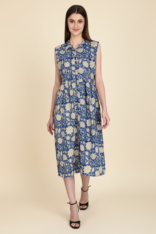 Blue Bagru Hand Block Cotton Dress