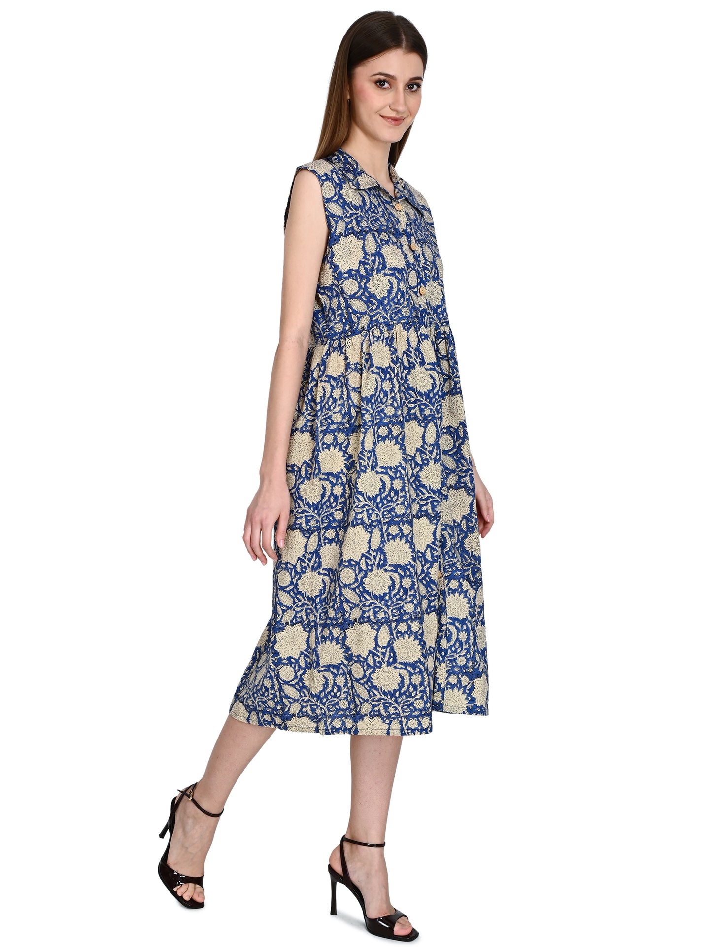 Blue Bagru Hand Block Cotton Dress