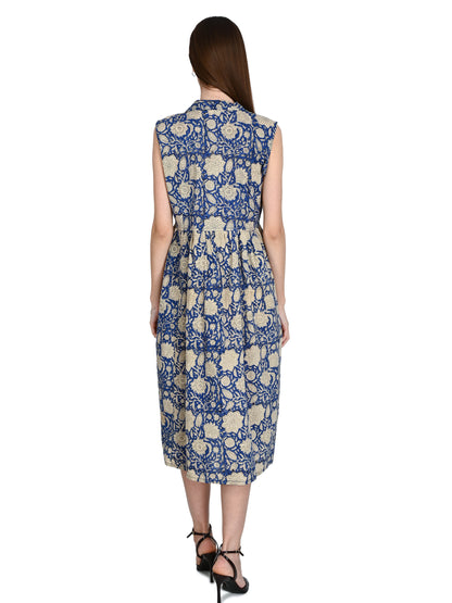 Blue Bagru Hand Block Cotton Dress