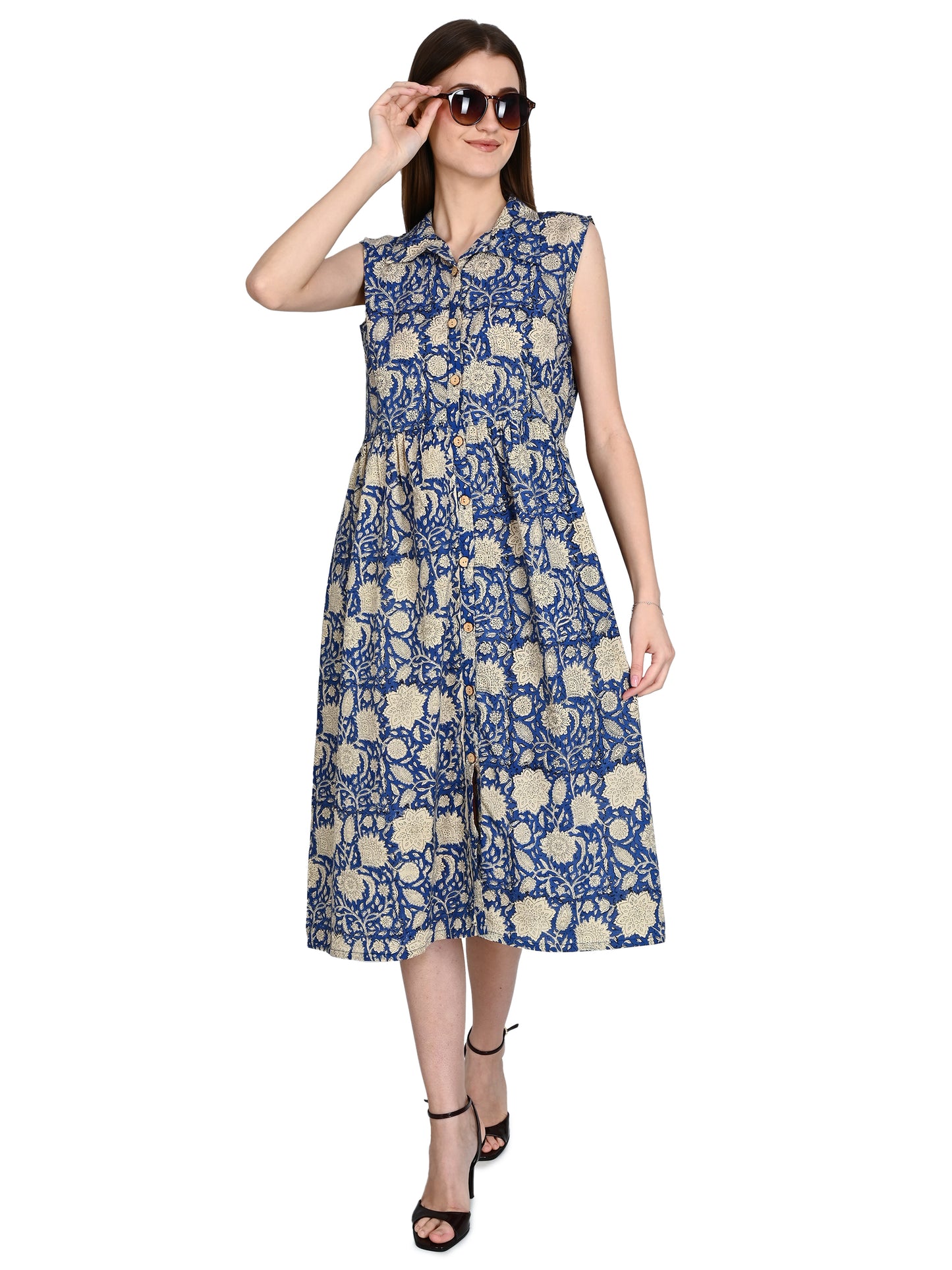 Blue Bagru Hand Block Cotton Dress