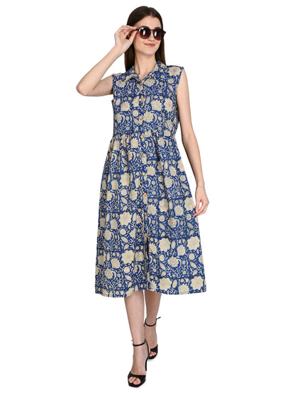 Blue Bagru Hand Block Cotton Dress