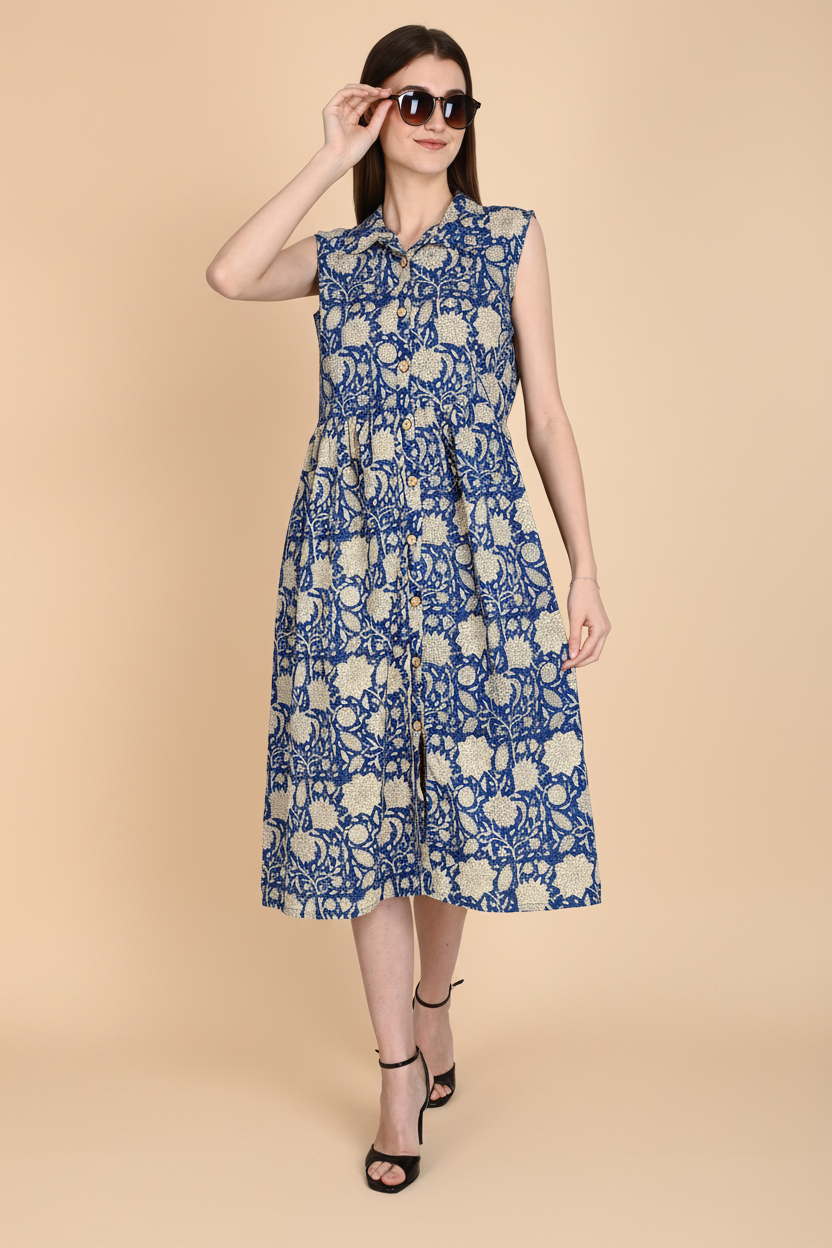 Blue Bagru Hand Block Cotton Dress