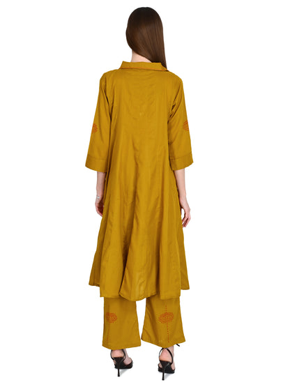 Mustard Muslin Flared Kurta Pant Sets