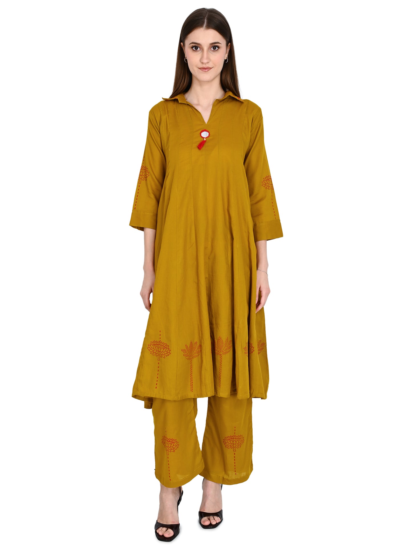 Mustard Muslin Flared Kurta Pant Sets