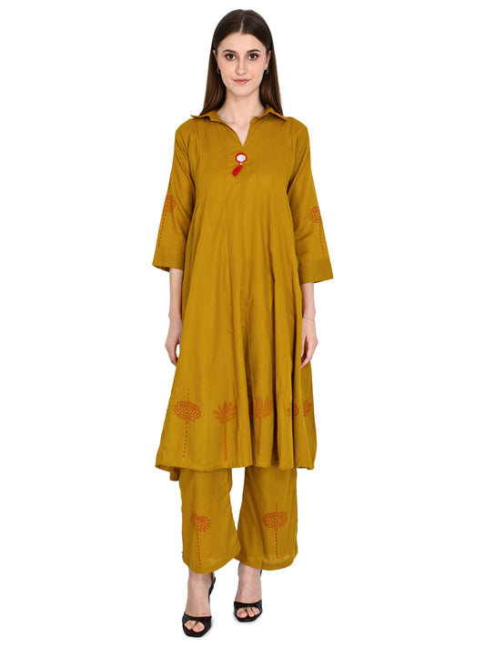 Mustard Muslin Flared Kurta Pant Sets