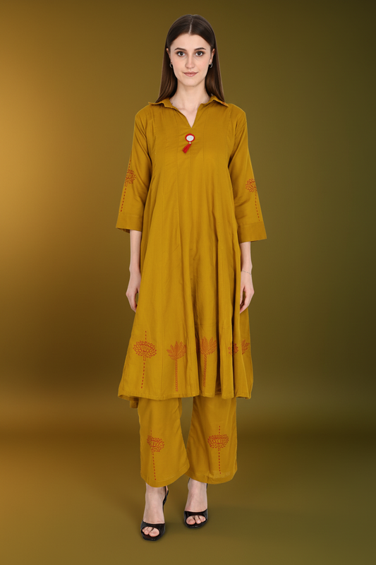 Mustard Muslin Flared Kurta Pant Sets