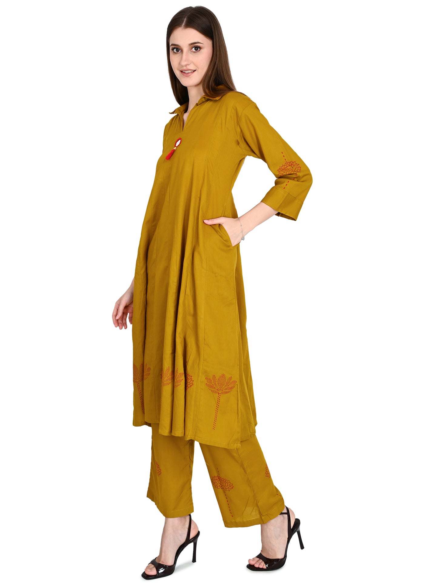 Mustard Muslin Flared Kurta Pant Sets