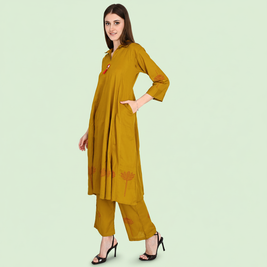 Mustard Muslin Flared Kurta Pant Sets