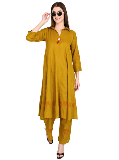 Mustard Muslin Flared Kurta Pant Sets