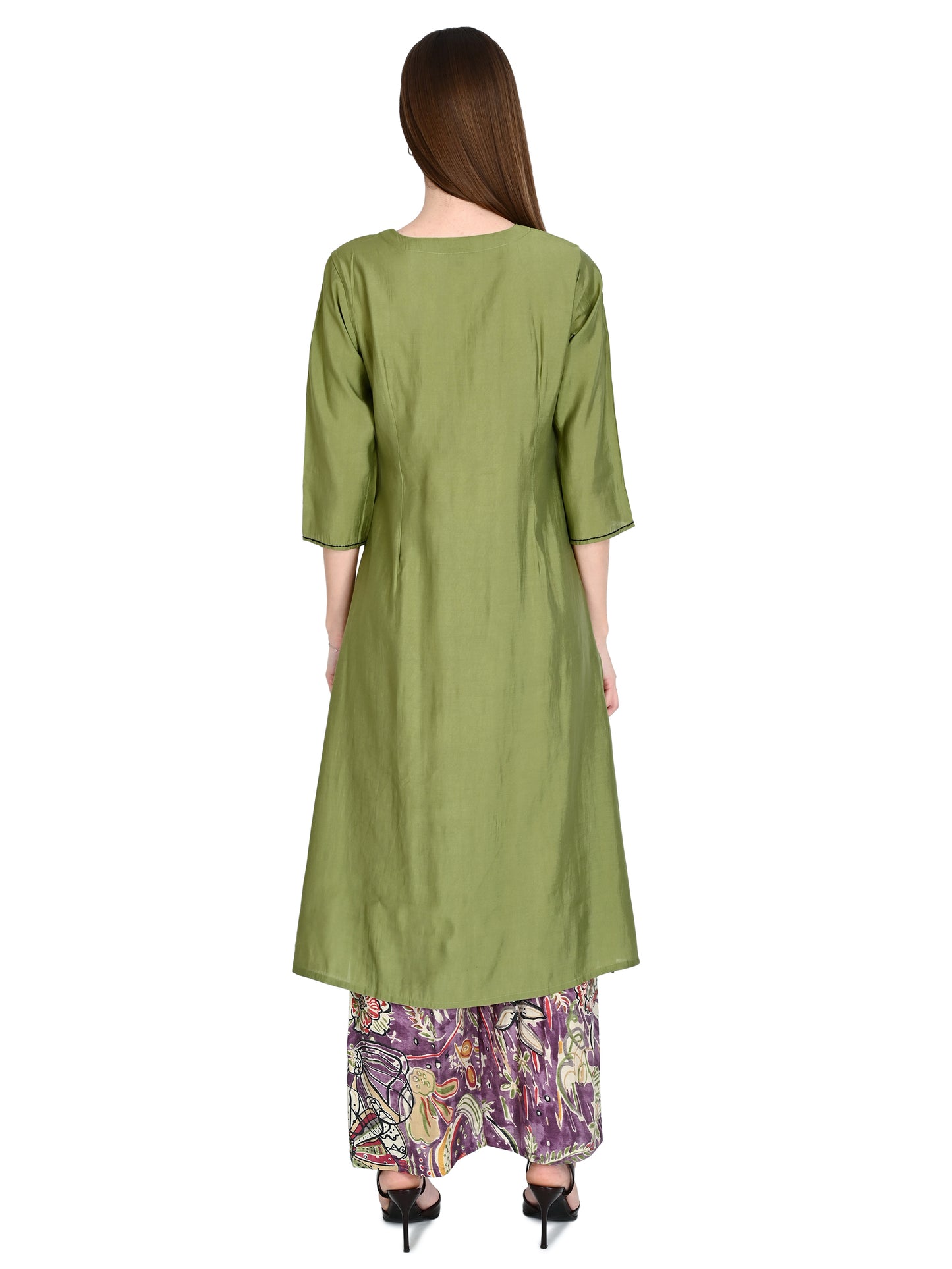 Roman Silk Embroidered Olive Kurta Pant Set