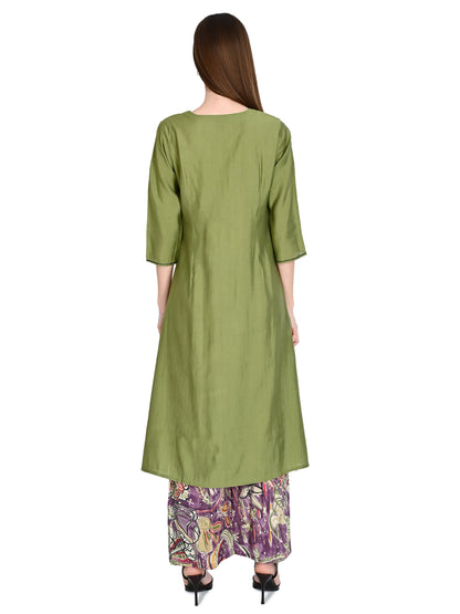 Roman Silk Embroidered Olive Kurta Pant Set
