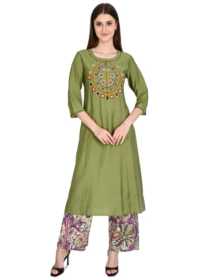 Roman Silk Embroidered Olive Kurta Pant Set