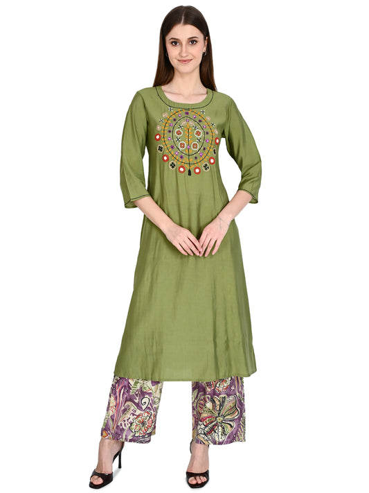 Roman Silk Embroidered Olive Kurta Pant Set