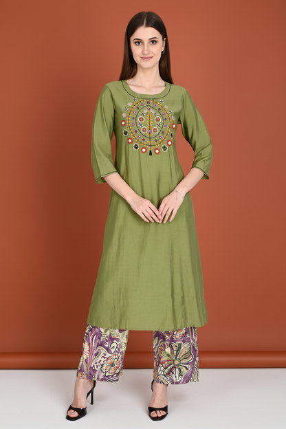 Roman Silk Embroidered Olive Kurta Pant Set