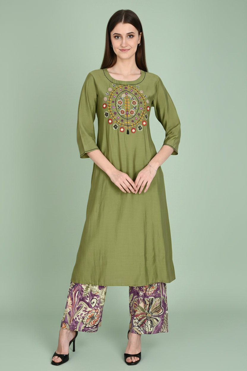 Roman Silk Embroidered Olive Kurta Pant Set