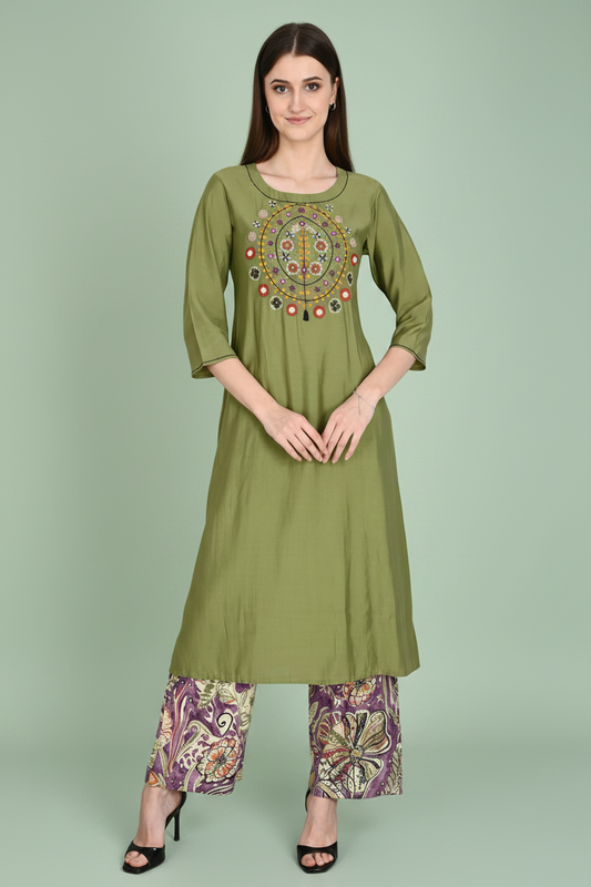 Roman Silk Embroidered Olive Kurta Pant Set