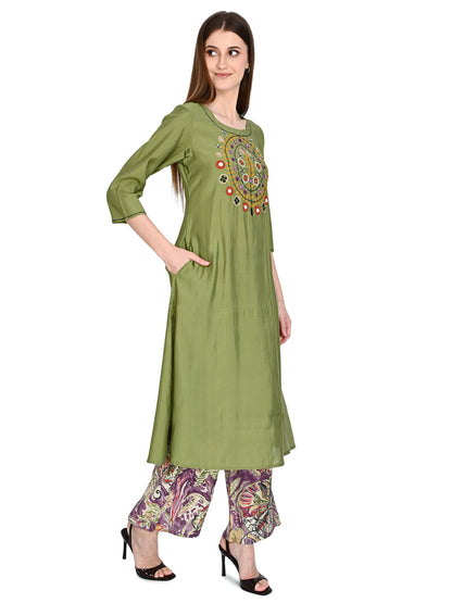 Roman Silk Embroidered Olive Kurta Pant Set