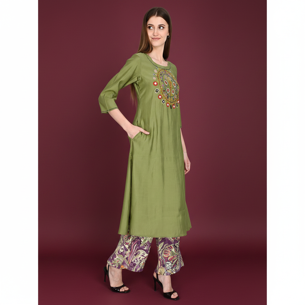 Roman Silk Embroidered Olive Kurta Pant Set