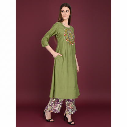 Roman Silk Embroidered Olive Kurta Pant Set