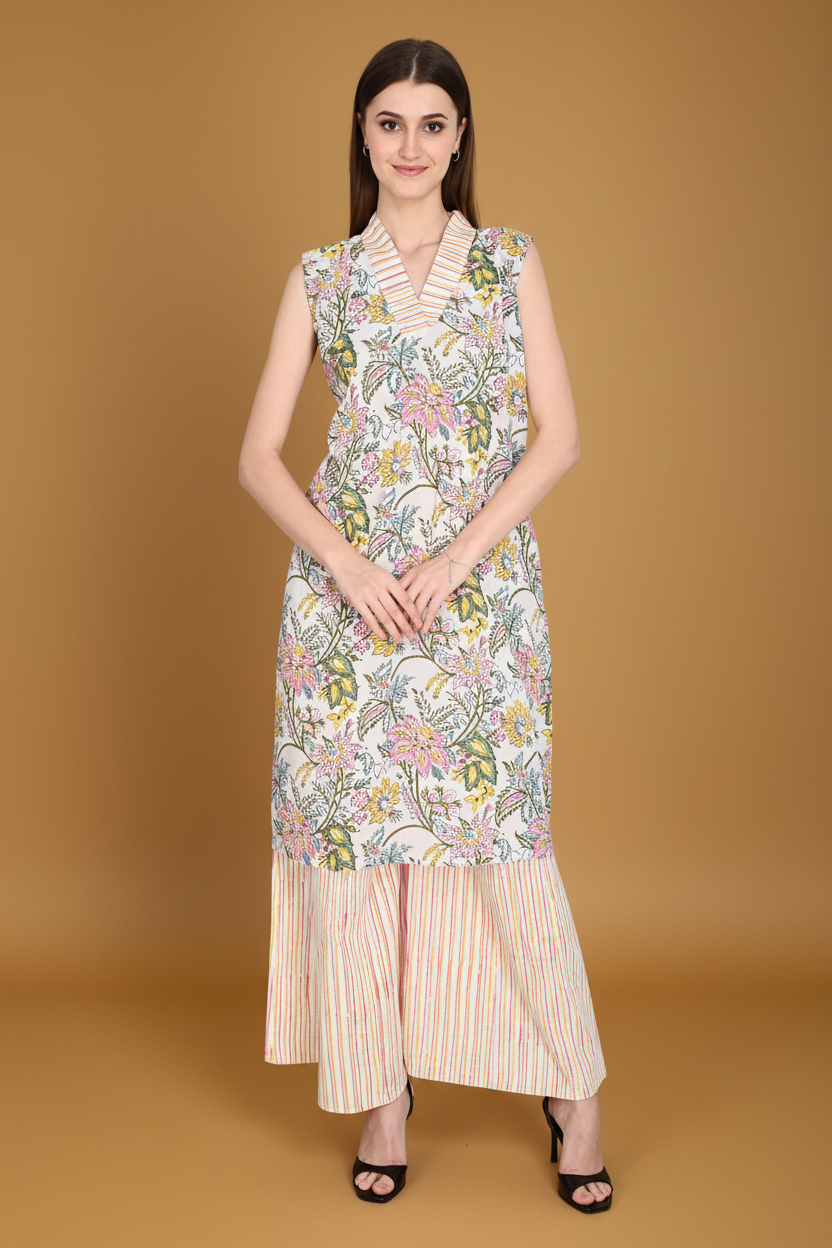 Pink Floral Cotton Kurta Sets