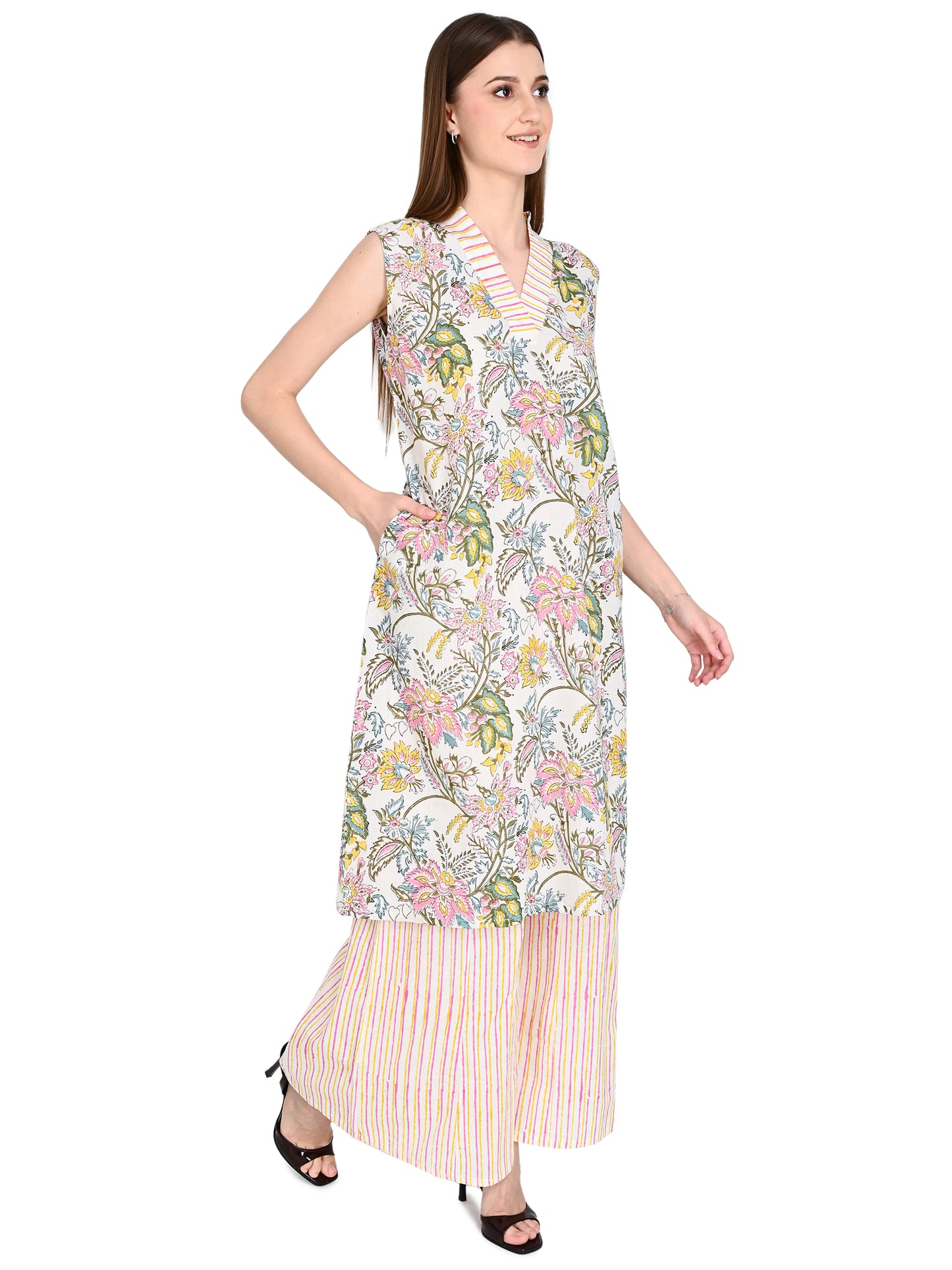Pink Floral Cotton Kurta Sets