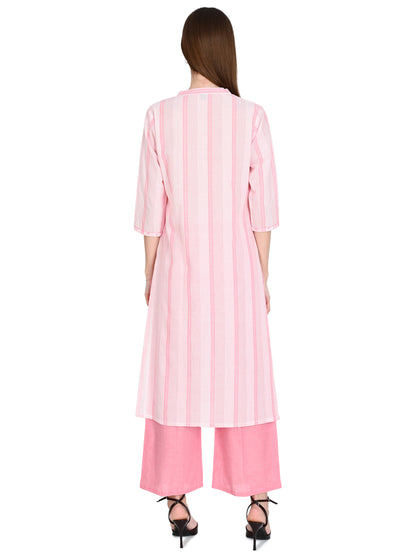 Handloom Cotton Pink Kurta Plazo Set With Embroidery