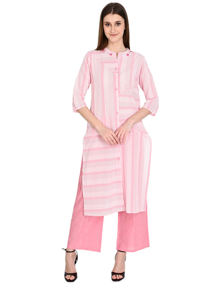 Handloom Cotton Pink Kurta Plazo Set With Embroidery