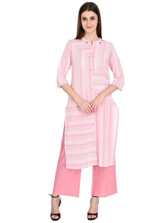 Handloom Cotton Pink Kurta Plazo Set With Embroidery